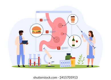 Intoxication of digestive system from unhealthy food. Tiny people warning about poisoning from bad diet of alcohol and fastfood, bowel treatment at hospital examination cartoon vector illustration