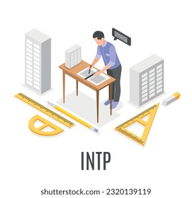 Intp-mbti-Persönlichkeitstyp-Zusammensetzung mit männlichen Architekten während der Arbeit 3d-isometrische Vektorgrafik