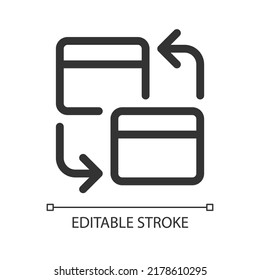 Intra bank transfer pixel perfect linear ui icon. Same bank accounts transaction. Credit card. GUI, UX design. Outline isolated user interface element for app and web. Editable stroke. Arial font used