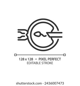 Intracytoplasmic sperm injection linear icon. Reproductive technologies, pregnancy care. Artificial insemination. Thin line illustration. Contour symbol. Vector outline drawing. Editable stroke