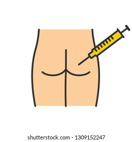 Intramuscular injection color icon. Gluteal, buttock injecting. Medical glute shot. Disease treatment, prevention. Isolated vector illustration
