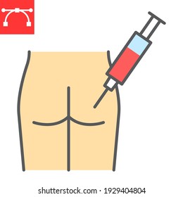 Intramuscular injection color line icon, vaccination and syringe, buttock injection vector icon, vector graphics, editable stroke filled outline sign, eps 10
