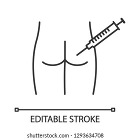 Intramuscular injection linear icon. Thin line illustration. Buttock injecting. Medical glute shot. Disease treatment, prevention. Contour symbol. Vector isolated outline drawing. Editable stroke