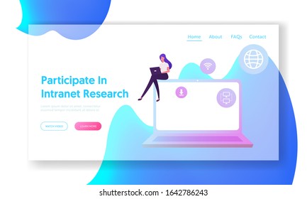 Intranet Communication Network Website Landing Page. Businesswoman Working on Laptop Using Wifi Connection for Research Information Download Data Files Web Page Banner. Cartoon Vector Illustration