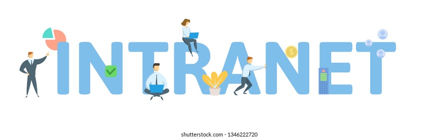 INTRANET. Concept with people, letters and icons. Colored flat vector illustration. Isolated on white background.