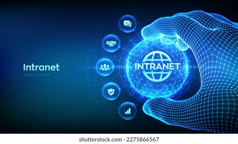 INTRANET. Concepto de tecnología de conexión de red global en forma de esfera poligonal en mano de wireframe. Intranet Business Corporate sistema de gestión de documentos de comunicación dms. Ilustración del vector