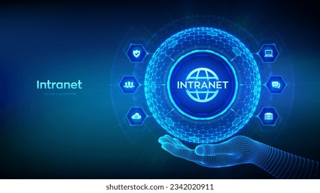 INTRANET. Global Network Connection Technology concept in the shape of sphere with hexagon grid pattern in wireframe hand. Intranet Business Corporate communication. DMS. Vector illustration.