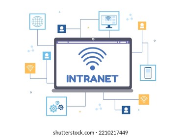 Intranet Internet Network Connection Technology to Share Confidential Company Information in Template Hand Drawn Cartoon Flat Illustration