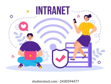 Intranet Internet Tecnología de conexión de red Ilustración vectorial para compartir información confidencial de la empresa y sitio web en fondo plano de dibujos animados