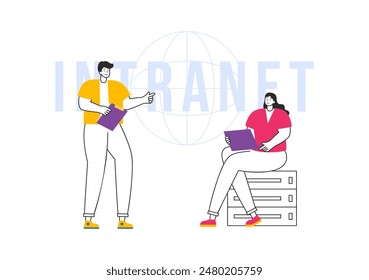 Intranet Conexión a Internet Ilustración vectorial de Tecnología a Compartir Información confidencial de la empresa y Sitio web en fondo plano de dibujos animados