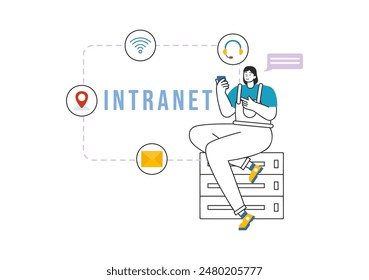 Intranet Internet Network Connection Technology Vector Illustration to Share Confidential Company Information and Website in Flat Cartoon Background