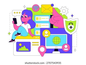 Intranet Conexión a Internet Tecnología Ilustración vectorial a Compartir Información confidencial de la empresa y Sitio web en un fondo plano de dibujos animados