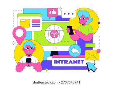 Ilustração vetorial da tecnologia de conexão de rede à Internet da Intranet para compartilhar informações confidenciais da empresa e o site em um plano de fundo de desenhos animados
