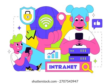 Intranet Internet Network Connection Technology Vector Illustration to Share Confidential Company Information and Website in a Flat Cartoon Background