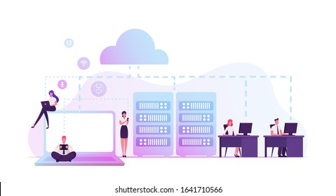 Intranet Private Network Of Computers In Organization With Own Server And Firewall. Business Team Managers Characters Using Corporate Communication System In Office. Cartoon Flat Vector Illustration