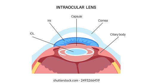 Intraocular lens implantation poster. Eye with cataract and healthy eye with IOL. Nearsightedness or farsightedness. Human visual system anatomy. Cataract surgery anatomical flat vector illustration.