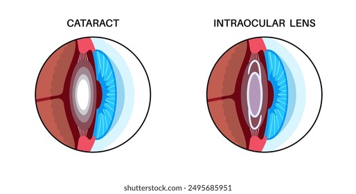 Intraocular lens implantation poster. Eye with cataract and healthy eye with IOL. Nearsightedness or farsightedness. Human visual system anatomy. Cataract surgery anatomical flat vector illustration.