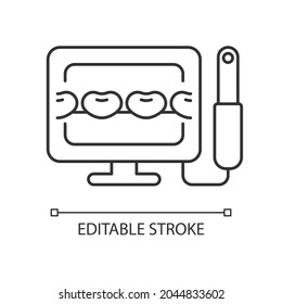 Intraoral camera linear icon. Oral health condition diagnosis. Capturing teeth video image. Thin line customizable illustration. Contour symbol. Vector isolated outline drawing. Editable stroke