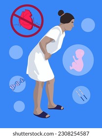 Intrauterine death of the fetus. Vector isolated illustration of a woman who has lost a child. Frozen pregnancy. Miscarriage. Embryo cardiac arrest.