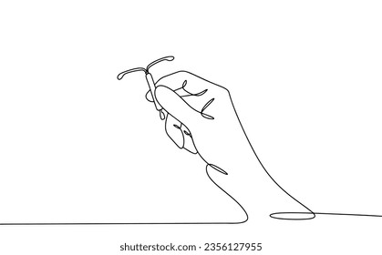 Intrauterine device in hand. Reliable method of contraception. World Contraception Day. One line drawing for different uses. Vector illustration.