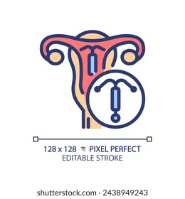 Icono de color RGB del dispositivo intrauterino. Prevención del embarazo, implante de control de natalidad. Tecnología médica, salud reproductiva. Ilustración aislada del vector. Dibujo de líneas rellenas simples. Trazo editable