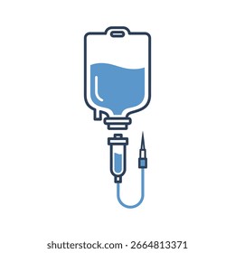 Una bolsa de goteo intravenoso con líquido, conectada a una cámara de goteo y una aguja.