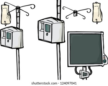 Intravenous drip objects and heart rate monitor over white background