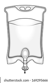An intravenous IV drip fluid bag filled with clear liquid. 