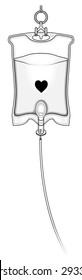 An intravenous IV drip fluid bag filled with clear liquid, a drip line and hook. Labelled with a love heart icon. Concept: love injection.