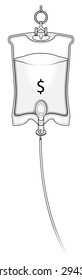 An intravenous IV drip fluid bag filled with clear liquid, a drip line and hook. Labelled with a dollar sign. Concept: financial injection.