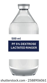 Intravenous (I.V.) glass vial of Ringer's lactate isolated. 500 ml intravenous solution for isotonic 5% dextrose infusion. Ringer's lactate is a fluid for aggressive fluid replacement.