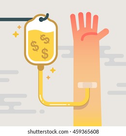 Intravenous therapy by drip money. Quantitative Easing or QE concept vector illustration.