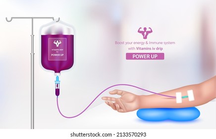 Intravenous Vitamin Iv Drip Treatment In Spa Salon, Clinic. Serum Collagen Vitamin Inside Saline Bag Purple. Used For Giving Injections For Health Power Up. Vector EPS 10.