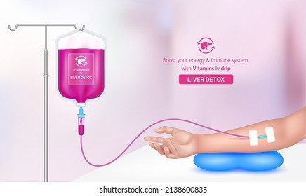 Intravenous Vitamin Iv Drip Treatment In Spa Salon, Clinic. Serum Collagen Vitamin Purple Inside Saline Bag For Liver Detox. Used For Giving Injections For Health. Vector EPS 10.