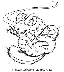 Intrepid cobra over a sandboarding' board while slither over the sand. Drawing in hand drawn style.