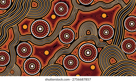 Intricate Aboriginal Dot Art Pattern with Flowing Lines and Circular Motifs