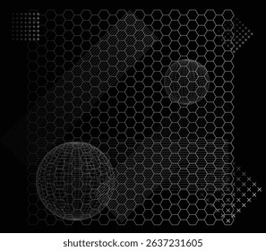 An intricate abstract background composed of hexagonal grids, radiating lines, and other geometric patterns in shades of grey and white on a black background