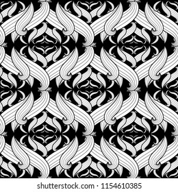 Intricate abstract black and white floral vector seamless pattern. Ornamental monochrome background. Intricacy hand drawn abstract flowers, leaves. Modern beautiful decorative repeated ornaments.