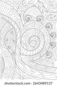Intricate Abstract Black and White Line Art Pattern, A detailed and complex abstract pattern featuring flowing lines, curves, swirls, and organic shapes, rendered in black and white line art. This