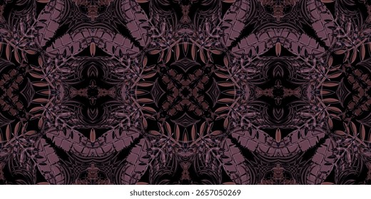 Intricate Abstract Botanical Pattern With Dark Purple and Brown Shades. texture seamless pattern. fabric textile aplicate 