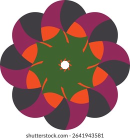 An intricate abstract circular design featuring layered, curved elements in plum, dark grey, orange, and green, creating a dynamic floral-like pattern, ideal for modern art or decorative backgrounds.