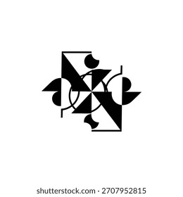 Diseño abstracto intrincado que presenta una combinación de Formas geométricas, que incluyen cuadrados, triángulos y circunferencias, dispuestas en una composición simétrica y visualmente atractiva.