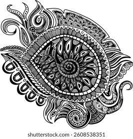 Intricate Abstract Doodle Design, Detailed Black and White Ornament, Paisley Inspired Zentangle Pattern