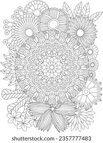 intricate abstract floral background mandala adult coloring page vector flower mandala leaves garden detailed adult coloring line art book