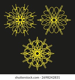 Flores abstratas intrincadas. Padrões de espirografia amarela. Trabalho de linha complexo. Elemento decorativo vetorial. EPS 10.