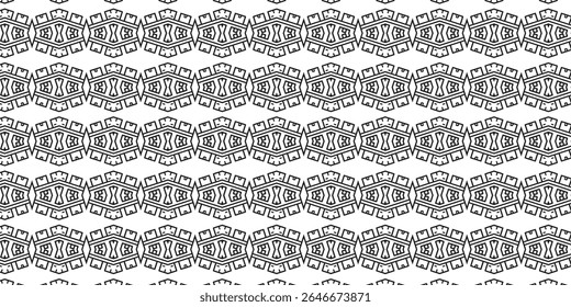 Padrão geométrico abstrato intrincado com simetria espelhada. Linhas futuristas formam um fundo preto e branco perfeito para tecido ou design digital.
