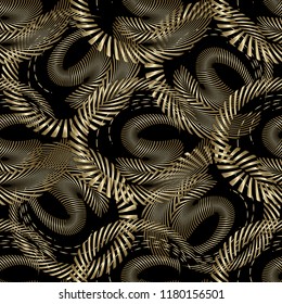 Intricate abstract gold 3d vector seamless pattern. Modern ornamental geometric fractal background. Radial stripes, lines, fractal shapes, curves, circles. Textured design. Luxury ornament for design