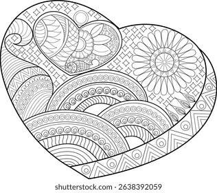 Intricate Abstract Heart Line Art Illustration, A black and white line drawing of a heart shape filled with various detailed and abstract patterns, including geometric shapes, waves, circles, and