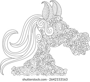 Intricate Abstract Horse Head Coloring Page, Detailed black and white line art illustration of a stylized horse head and neck, filled with intricate abstract patterns resembling zentangle or mandala