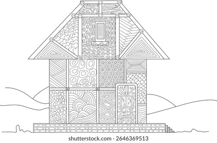 Intricate Abstract House Line Art with Diverse Patterns for Adult Coloring Books. Detailed Zentangle-Inspired Dwelling Sketch, Ideal for Relaxation, Mindfulness, and Creative Design Projects.